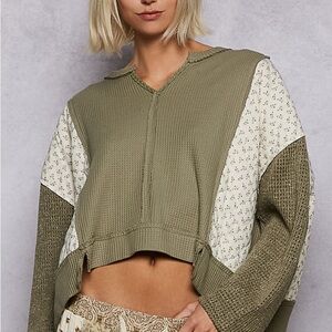 POL Olive and Cream Patchwork Sweater